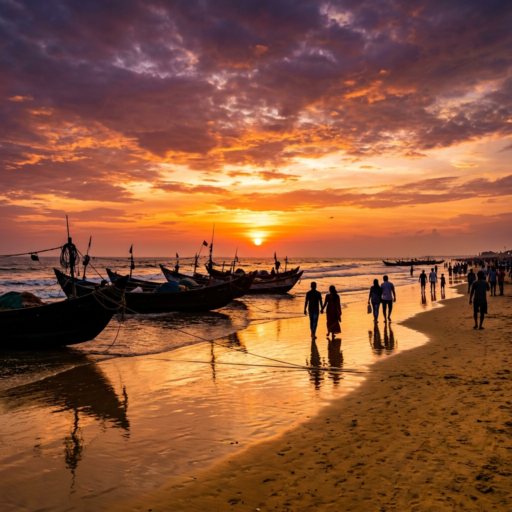 Stunning sunset at Puri Beach with fishermen boats silhouetted against orange sky